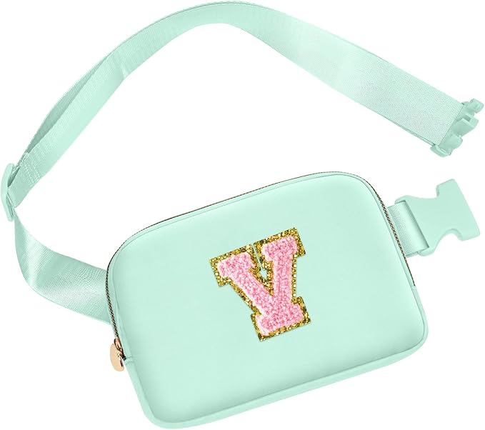 Birthday Gifts for 6 7 8 9 10 11 12 13 Year Old Girls, Personalized Crossbody Bags with Initial Letter Patch Fanny Pack Belt Bag for Teen Girls Cute Travel Essentials Trendy Stuff (Green,V)