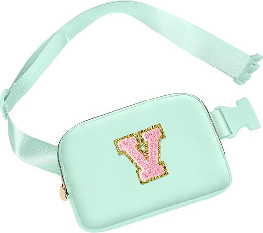 Birthday Gifts for 6 7 8 9 10 11 12 13 Year Old Girls, Personalized Crossbody Bags with Initial Letter Patch Fanny Pack Belt Bag for Teen Girls Cute Travel Essentials Trendy Stuff (Green,V)