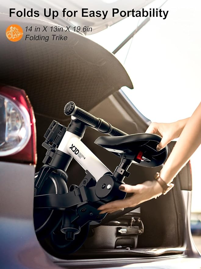 XJD Toddler Bike, 6 in 1 Folding Toddler Tricycle for 1-4 Year Old with Parental Control Handle, Balance Bike with Removable Pedal, Backrest, Adjustable Seat and Handle, First Birthday Gifts (White)