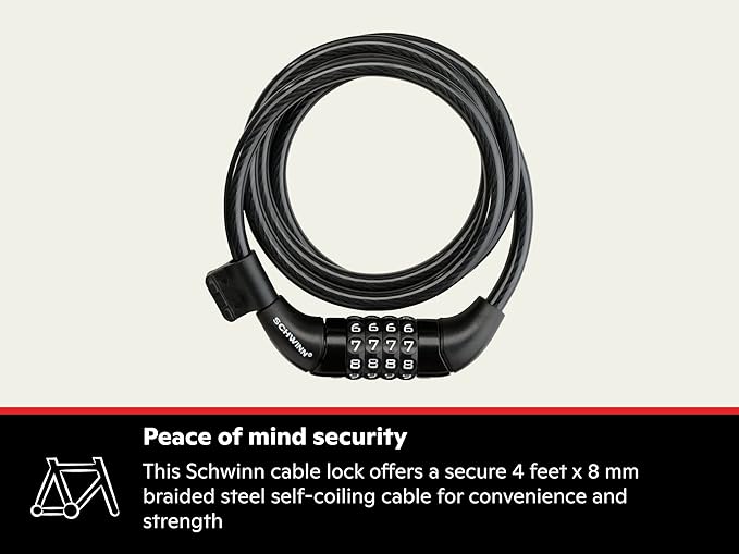 Schwinn Anti Theft Bike Lock, Security Level 1, Combination Lock, 4 Foot , Black