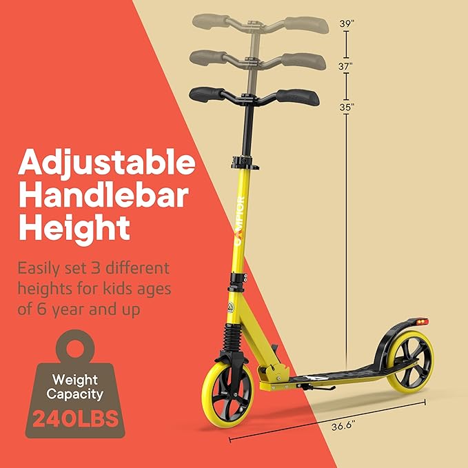 Kick Scooter for Ages 6+, for Kids, Teens, and Adults, Max Load 240 LBS, Foldable, 8-inch Big Wheels for Kids and Adults, with Kickstand, 3 Adjustable Levels, Child Safety Approved, Yellow