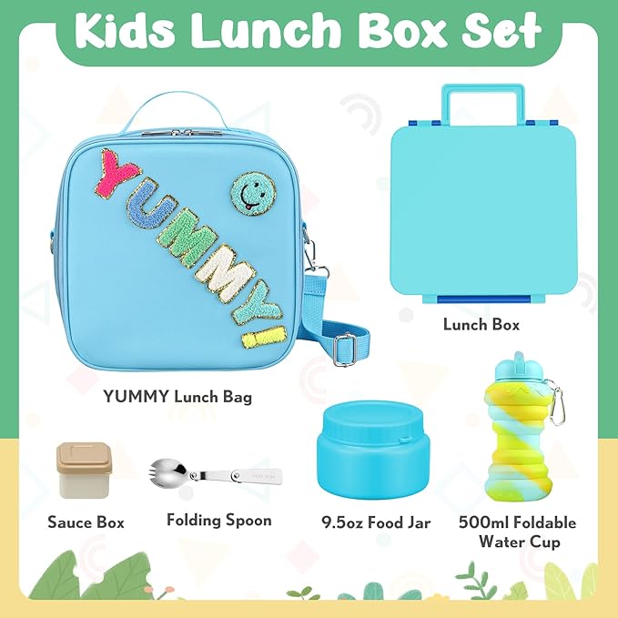 Bento Lunch Box with 10oz Soup Thermo for Kids Insulated Lunch Bag & Foldable Silicone Cup Food Leak Proof Food Container with 5 Compartment for Kid to Shool Travel