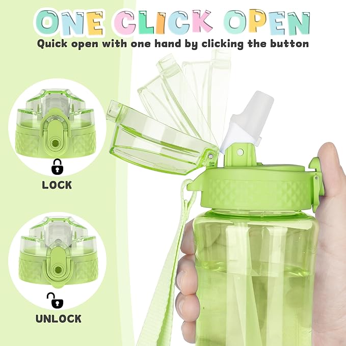 OLDLEY 12oz Kids Water Bottle for school Girls Boys, Motivational Water Bottles With Silicone Straw, Leak-Proof Tritan BPA-Free, Reusable water bottles for kids, Parrott Green
