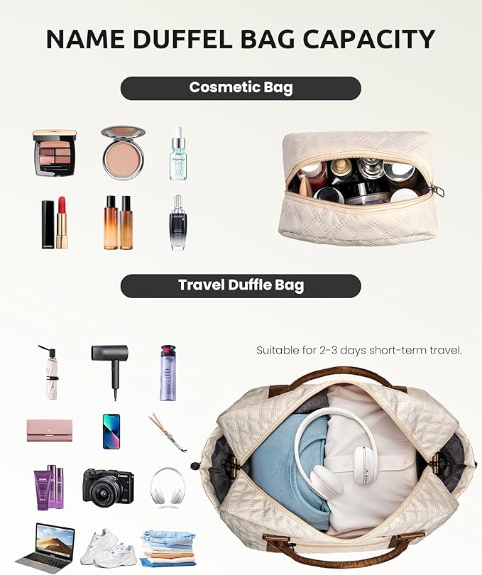 Initial Duffle Bag with Shoe Compartment, Personalized Weekender Bag, Monogram Overnight Bag for Women with Trolley Sleeve & Wet Pocket, Letter Travel Bag with Makeup Bag (Letter J), Beige