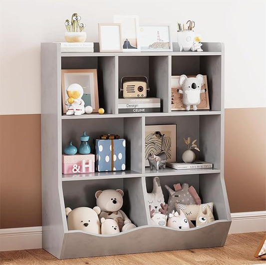 GarveeHome Grey Toy Storage Cabinet, Three-Tier Kids Bookshelf and Bookcase for Storage Books and Toys, Multi Shelf with Cubby Organizer for Bedroom and Playroom