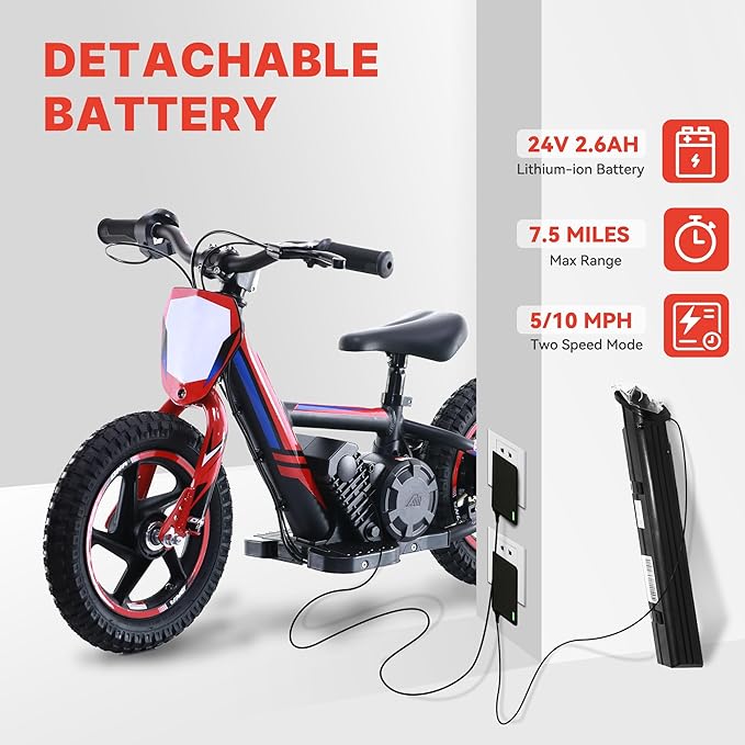 Lightweight Electric Dirt Bike for Kids,170W Racing Motorcycle for Ages 3-6, Detachable Battery, Adjustable Seat, Safe Speeds Up to 10 MPH, Mini Motocross Bike 12" Off Road Tires, Red