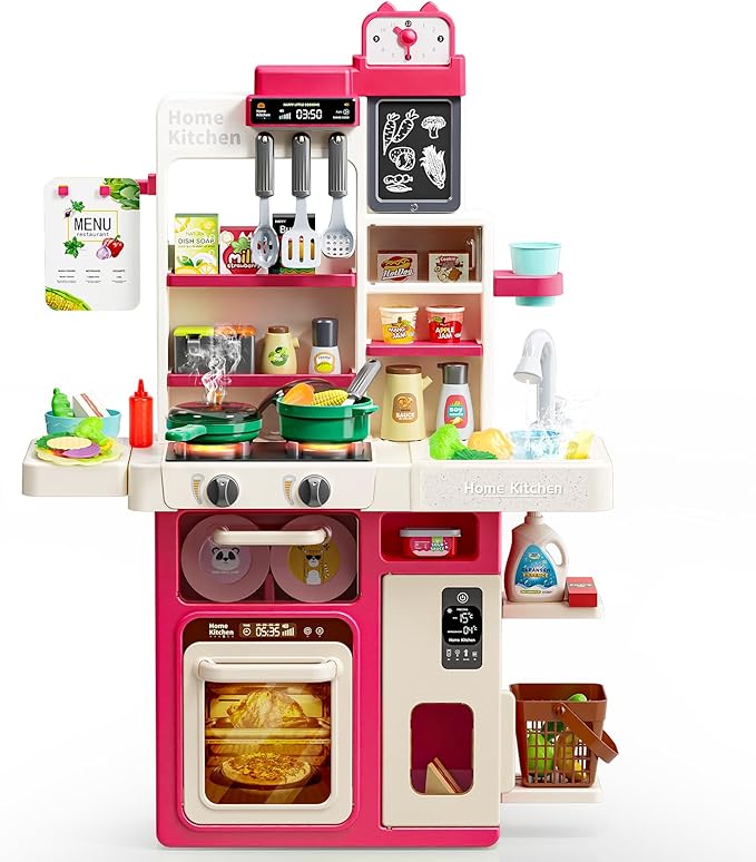 Letapapa Kids Pretend Play Kitchen Set, Kitchen Toys with Realistic Sound & Light, Cooking Stove, Sink, Play Food and Kitchen Accessories, Pretend Kitchen Playset Gifts for Toddlers Girls Boys(Red)