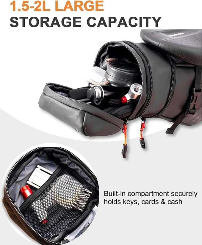 Bike Seat Bag, Expandable Bicycle Saddle Bag Under Seat, Waterproof Cycling Seat Pack for Mountain Road Bikes and Commuter, 1.5-2L