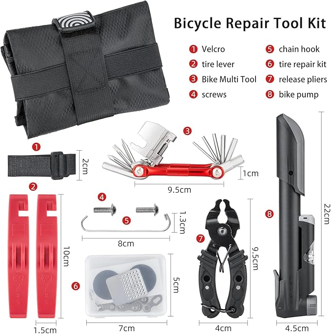 Bicycle Repair Tool Kit with Bike Pump & Saddle Bag - Bike Tool Kits for Repair and Maintenance at Home or on the Road - Bike Tire Repair Kit