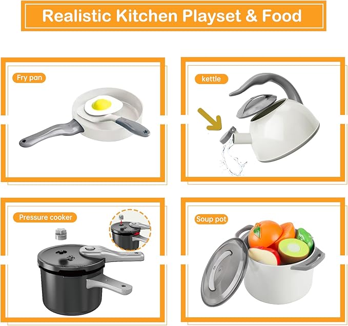 105Pcs Kids Kitchen Toy Accessories, Toddler Pretend BBQ Camping Cooking Playset, Play Pots, Pans, Utensils Cookware Toys, Play Food Set, Vegetables, Learning Gift for Girls Boys