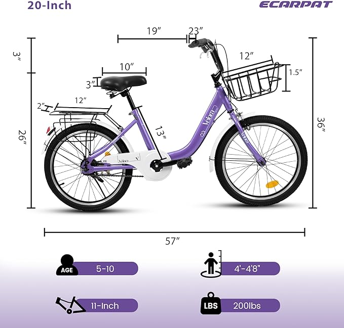 20 Inch Kids Bike for Boys and Girls | Children's Bicycle with Coaster & V-Brake | 1-Speed Lightweight Steel Frame | 20" x 1.75" Tires | Ages 5-8 Years | Outdoor Balance Bike, Purple