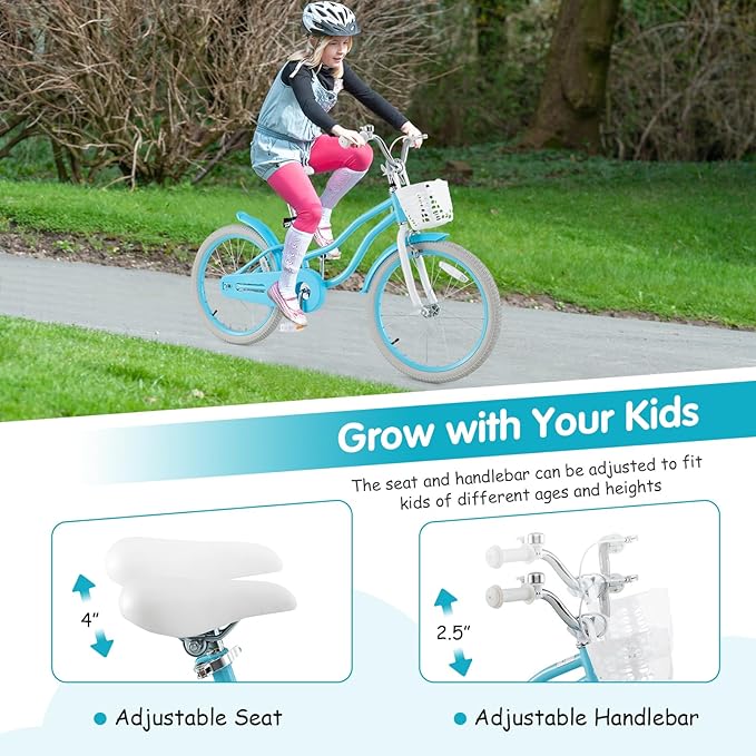 HONEY JOY Kids Bike, 12 14 16 18 20 Inch Toddler Bikes w/Training Wheels, Handbrake & Coaster Brake, Fully Enclosed Chain, Adjustable Handlebar & Seat, Kids Bicycle w/Basket, Girls Boys Bike 3-8