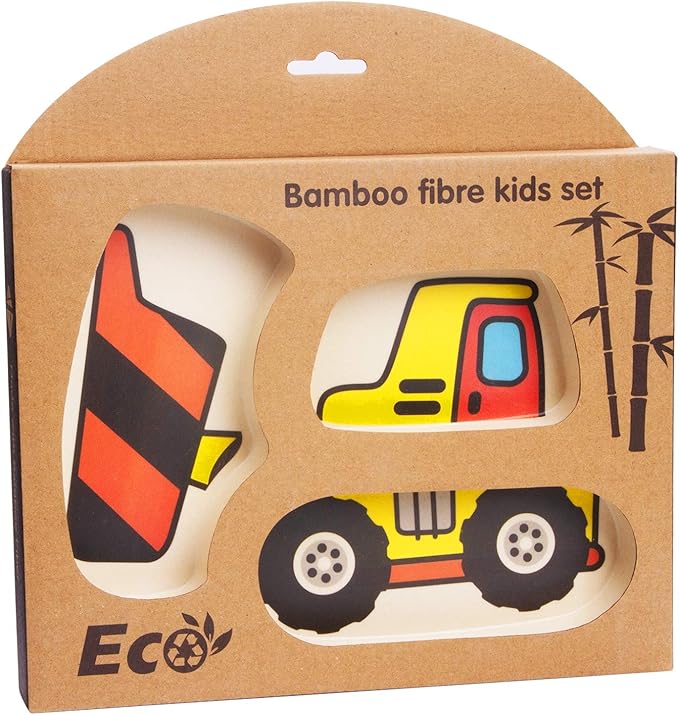 Toddler Plates Dinnerware Dinner Dish Set Baby Feeding Spill Proof Divided Plate - Baby Spoon and Fork 3-Piece Set Teaches Child Portion Control (excavator/bulldozer)