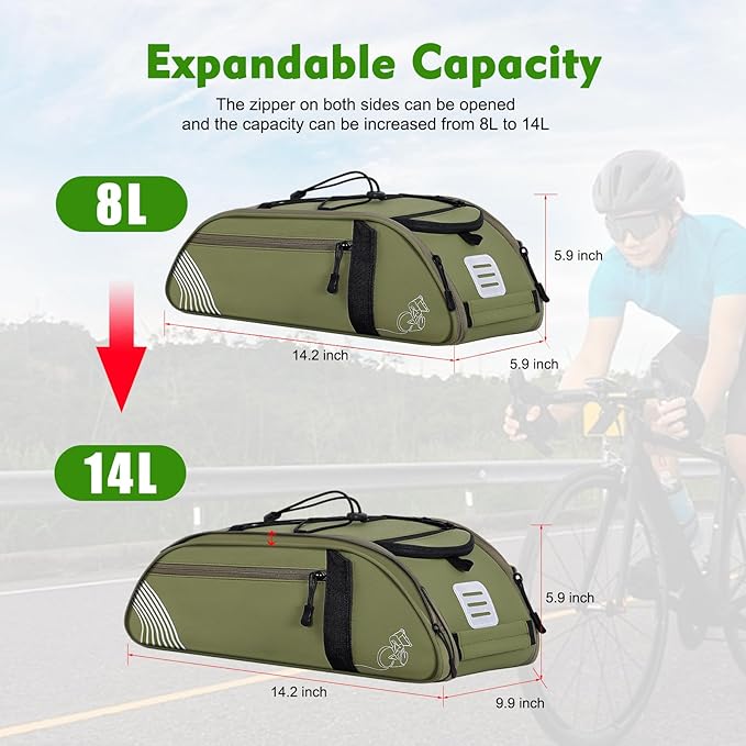 YEEGO DIRECT Bike Rack Bag, 14L Expandable Capacity Bike Bags for Bicycles Rear Rack,Waterproof Bike Trunk Panniers Reflective Design, Crossbody Shoulder Bag for Commuting Outings(Green)