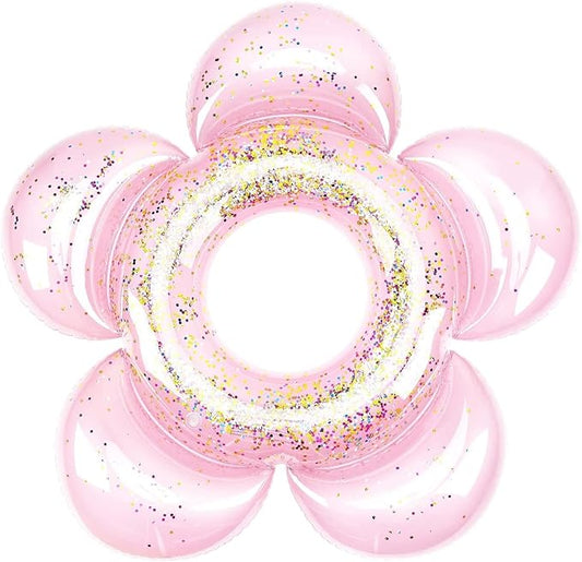 HeySplash Pool Floats for Adults, Large Floats Inflatable Floatie Loungers with Glitter, Swim Tube River Lake Wedding Bride Engagement Party Decor Toy Raft, Flower Bachelorette Fun Decor, Light Pink