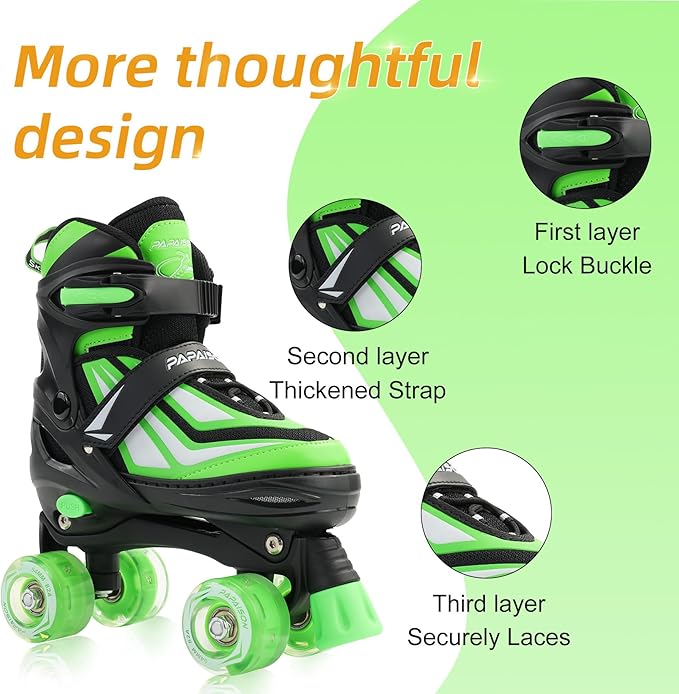 PAPAISON Kids Roller Skates for Boys Girls, 4 Size Adjustable Rollerskates with Light Up Wheels for Kids Ages 4-12