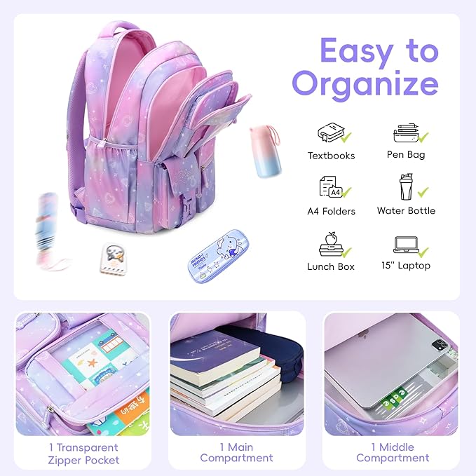 Tanou Backpack with Lunch Box for Girls, Kawaii Set School Bag for Kid Elementary Middle School, Aesthetic Laptop Bookbag Lightweight, Purple