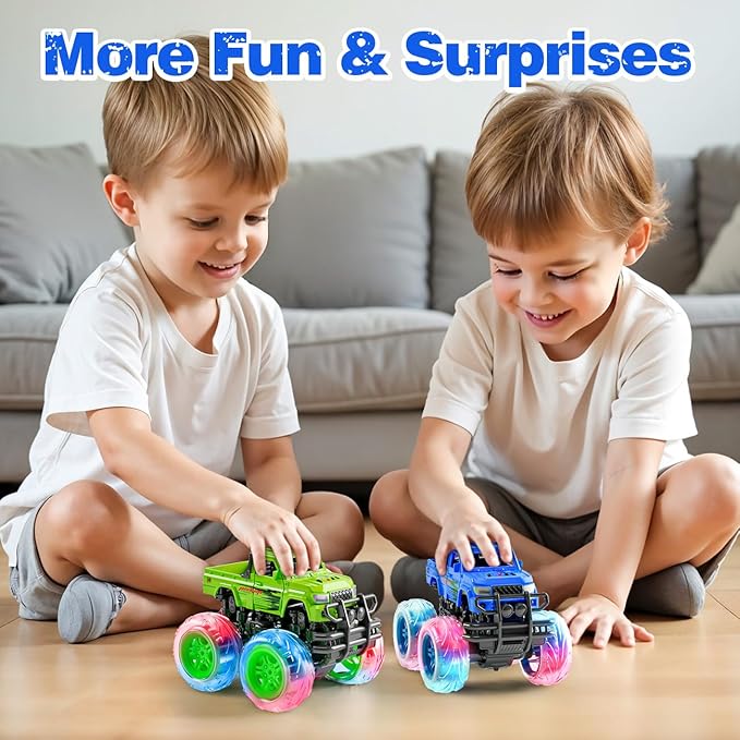 LODBY Monster Trucks Toys for Toddlers, Light-Up Trucks & Cars Toys for 2 3 4 5 6 Year Old Boy Birthday Gifts, Kids Push and Go Cars with Flashing Wheels (2 Pack)