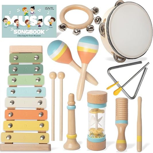 Baby Musical Instruments - Wooden Montessori Toys for Toddlers,Modern Boho Xylophone Includes Songbook with 13 Kids' Songs,Neutral Colors Wooden Percussion Instruments Set