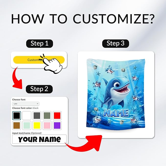 Custom Shark Blanket - Personalized Throw Gifts for Kids Boys - Flannel Cozy Blankets for Living Room, Office, 4 Size