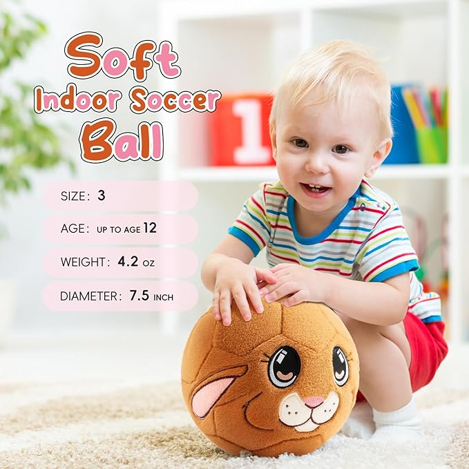 Silent Indoor Soccer Balls for Toddlers 1-3, Inflatable Soft Plush Baby Toddler Soccer Ball Toys Gifts for Kid 3-5 Year Old Boy Girl First Birthday Gift (Eared Bunny, Pump Include)