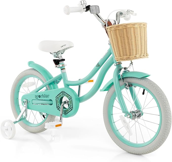 BABY JOY Kids Bike, 14 16 18 Inch Retro Kids Bicycles for 3-8 Years Old Children with Training Wheels, Adjustable Height, Rattan Basket, Handbrake & Coaster Brake, Boys Girls Bike (Pink, Green, Blue)