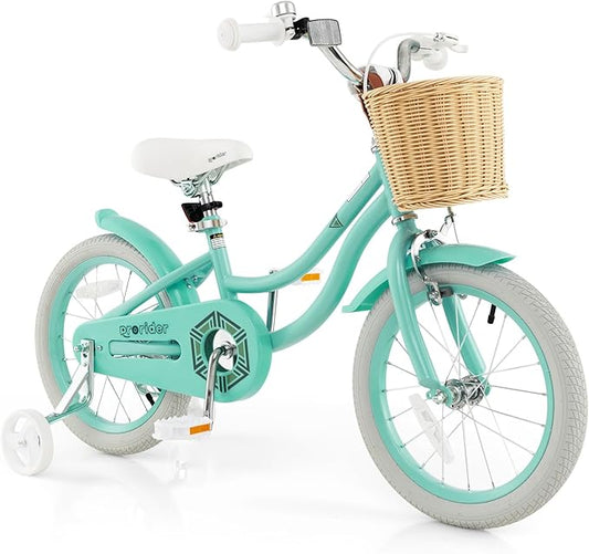 BABY JOY Kids Bike, 14 16 18 Inch Retro Kids Bicycles for 3-8 Years Old Children with Training Wheels, Adjustable Height, Rattan Basket, Handbrake & Coaster Brake, Boys Girls Bike (Pink, Green, Blue)