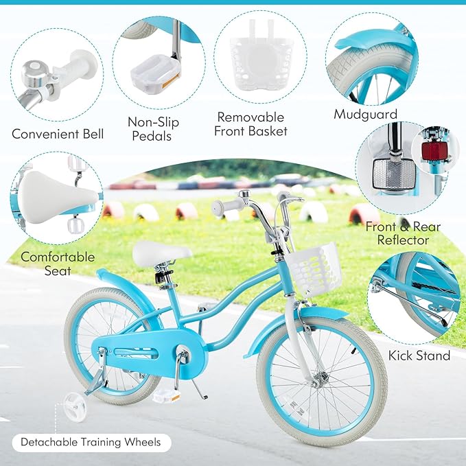 COSTWAY Kids Bike, 12 14 16 18 Inch Toddler Bike Children Bicycle w/Training Wheels, Hand & Coaster Brakes, Adjustable Saddle & Handlebar, Basket, Bell, Kids Bicycle for Girls Boys Aged 3-8 Years Old