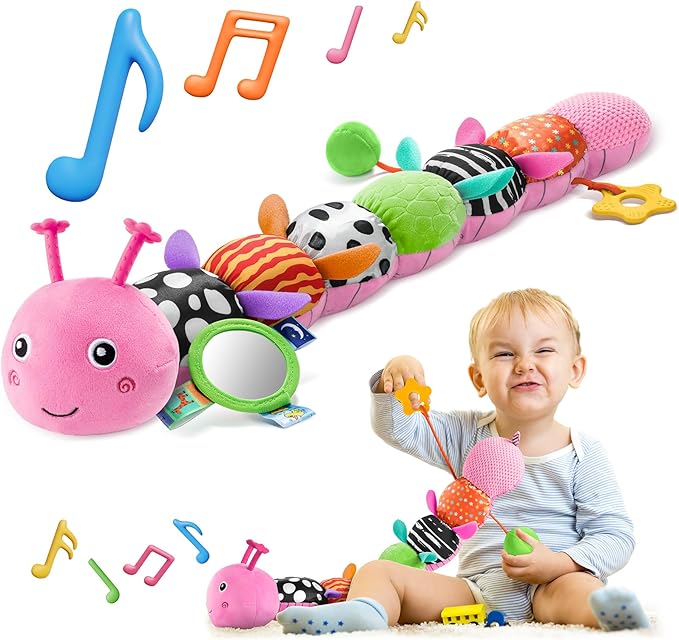 HEMRLY Baby Sensory Toy 0-6 Months, Musical Stuffed Caterpillar Plush with Teether, Crinkle, Rattle, Baby Mirror for Tummy Time, Infant Car Seat Toy for 0-3-6-12 Month Boys Girls Gifts - Winged Pink