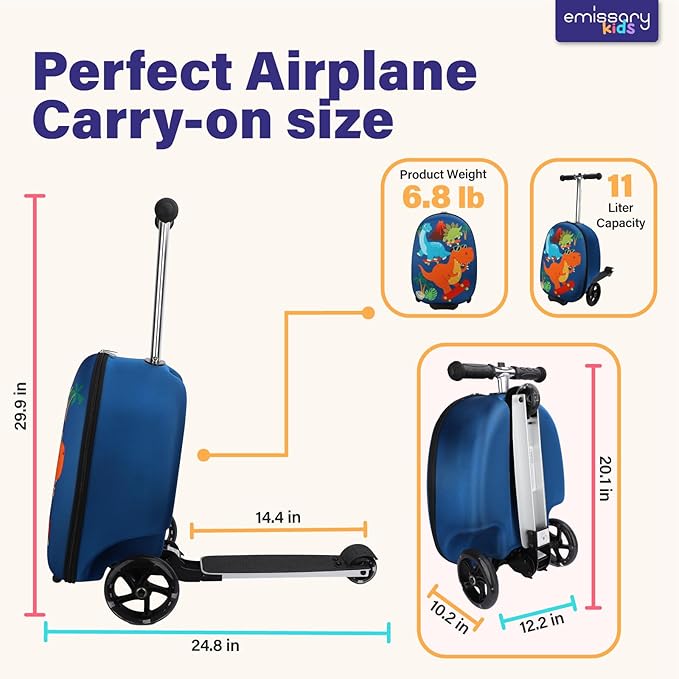 emissary Scooter Luggage for Kids – Ride-On Suitcase, Scooter Ride Luggage, Lightweight Carry-On Suitcase Kid Travel Bag (Blue)