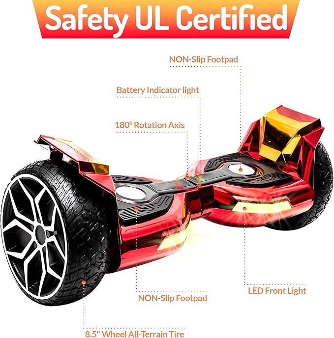 8.5” All Terrain Hover Board, Off Road Self Balancing Scooter with Bluetooth and LED Lights, UL2272 Safety Certified (Red)