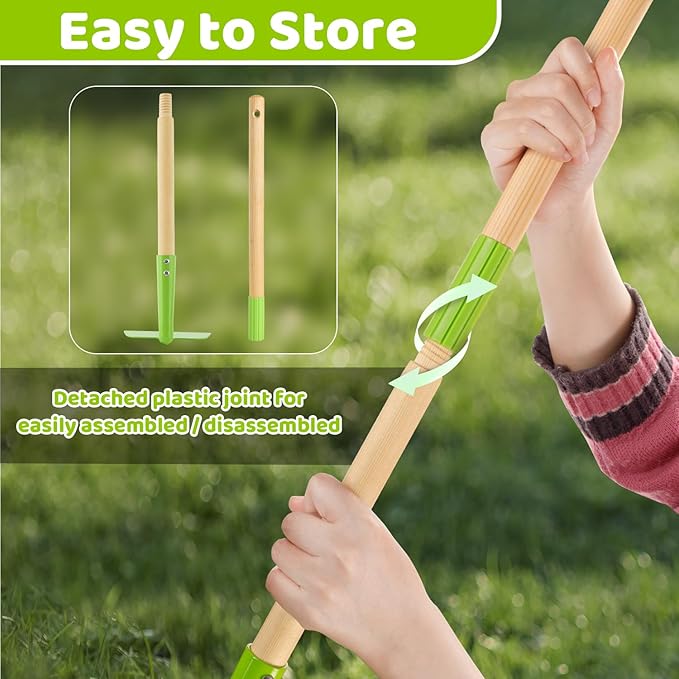 Theefun Kids Garden Tool Set: Safe Toddler Size Hoe, Rake, Shovel, Leaf Rake, Broom 5-Piece Kids Gardening Tools with Wooden Handle and Metal Head for Child Christmas Outdoor Toys Gift for Boys Girls