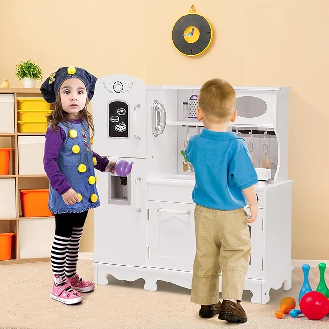 HONEY JOY Kids Kitchen Playset, Wooden Pretend Play Kitchen for Toddlers, Cookware, Phone, Storage Cabinet, Water Dispenser, Blackboard, Little Chef Toy Kitchen Set, Gift for Boys Girls 3+, White