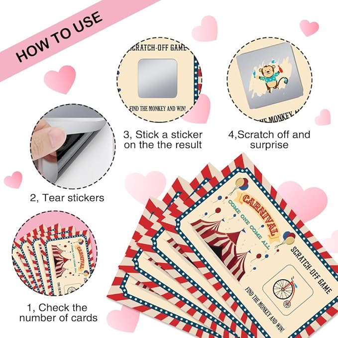 50 Psc Carnival Come One Come All Scratch off Game Cards, Retro Circus Theme Scratch Cards for Birthday Circus Party Baby Shower, Classroom Party Supplies, Lottery Group Games Activity
