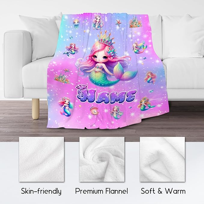 Mermaid Blanket for Girls - Personalized Blankets Gifts for Kids Toddler - Soft Fuzzy Cozy Throws for Sofa, Living Room, 4 Size