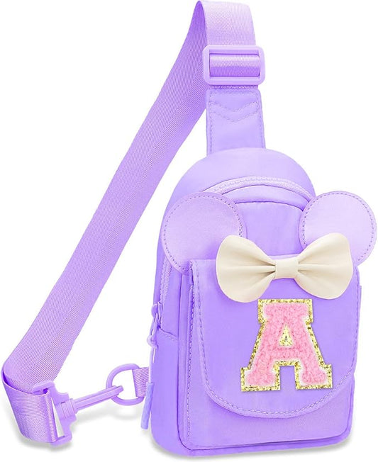 Girls Small Sling Bags for Kids - Girl Birthday Gifts for 3 4 5 6 7 8 9 10 Year Old Fanny Pack Belt Bag Personalized Small Initial Pink Sling Bag for Kid Girls Crossbody Bags Purse Purple A