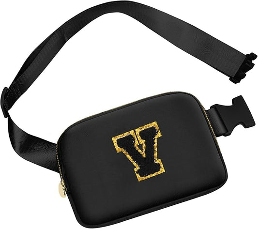Birthday Gifts for 8 9 10 11 12 13 14 Year Old Girls, Personalized Crossbody Bags Fanny Pack with Initial Letter Patch, Mini Belt Bag for Teen Girls Cute Trendy Stuff Travel Essentials (Black,V)