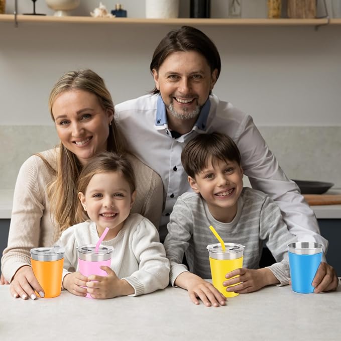 Stainless Steel Cups for Kids, 12oz Kids Cups with Straws and Lids Leak Proof, Unbreakable Toddler Cups with Silicone Sleeves for Hot or Cold Drinks, 6 Count