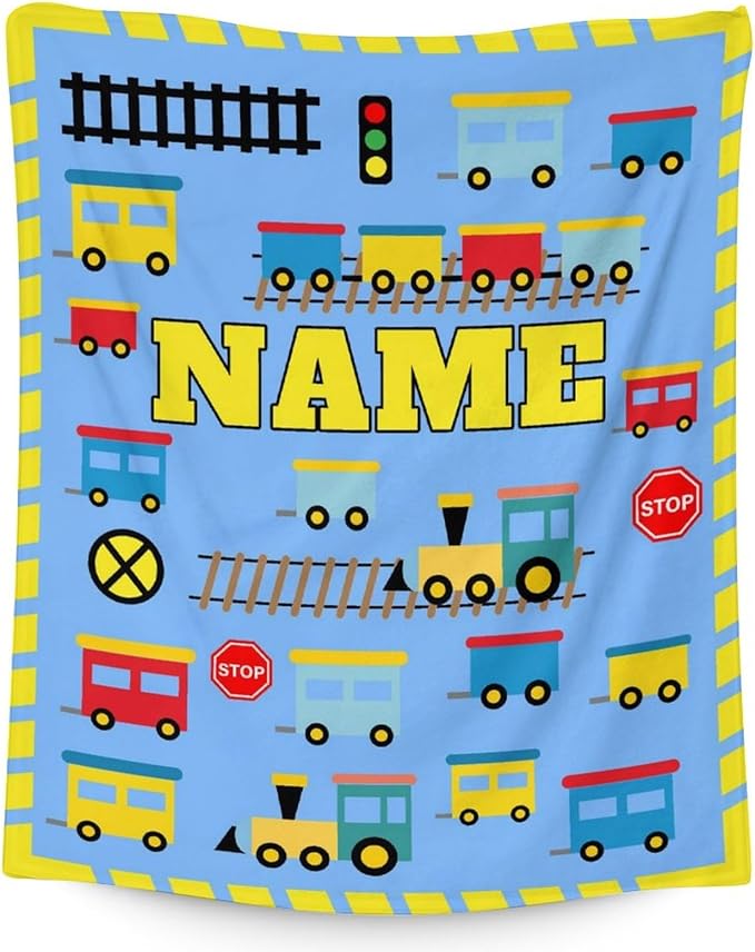 Personalized Train Blanket Gifts - Soft Warm Train Blankets - 50"x60" Inches for Couch - Light Blue Cartoon Throws for Teens