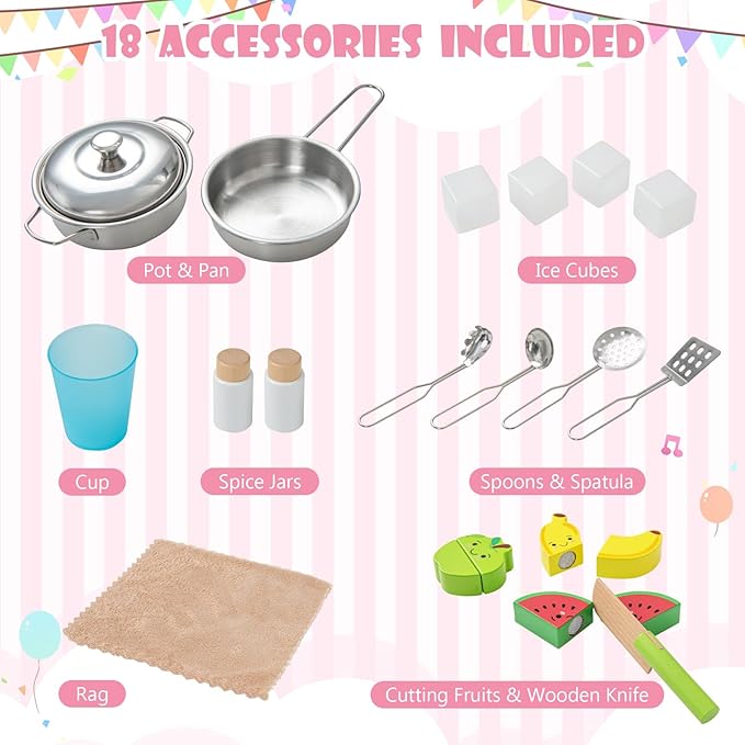 Costzon Kids Kitchen Playset, Wooden Pretend Toddler Kitchen Toy Set w/Sound, Microwave, Oven, Ice Maker, Range Hood, Stoves, Sink & 18 Accessories, Pink Play Kitchen for Girls Ages 3+