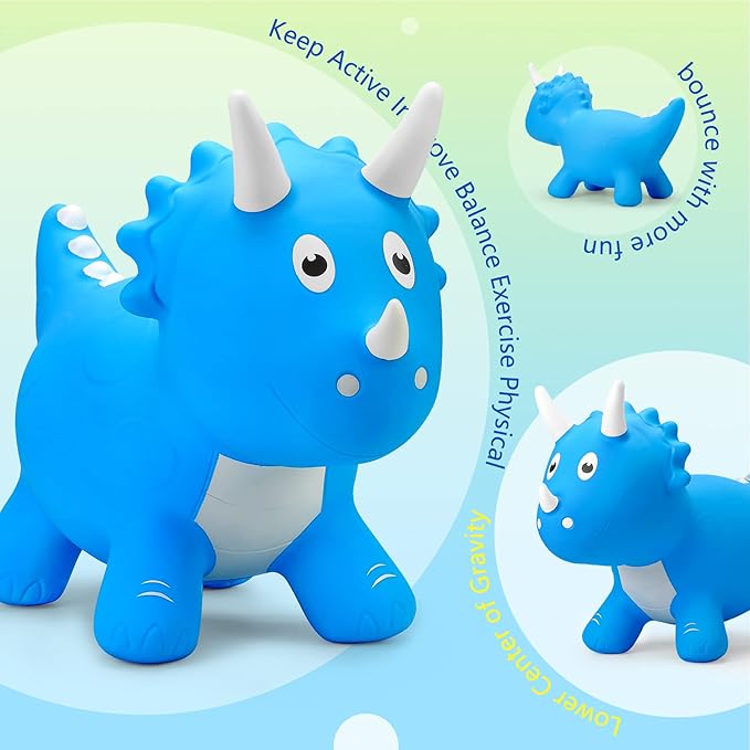 PlayZap Dinosaur Bouncy Horse Hopper, Bouncy Animals Hopper for Toddlers, Inflatable Jumping Ride on Dinosaur Triceratops Hopper, Kids Hopping Toys for 18M 2 3 Years Old Kids Boys Girls Gifts