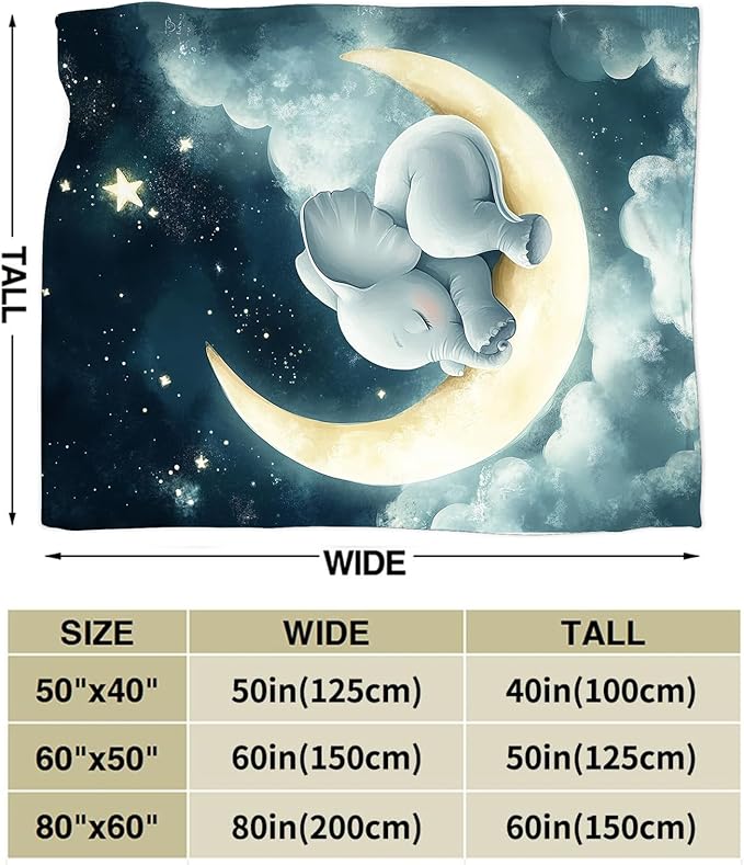Ultra Soft Cozy Cute Elephant Moon Blanket - Fleece Fuzzy Plush - Lovers Decor Gifts for Women, Girls, Adults - 80"x60"