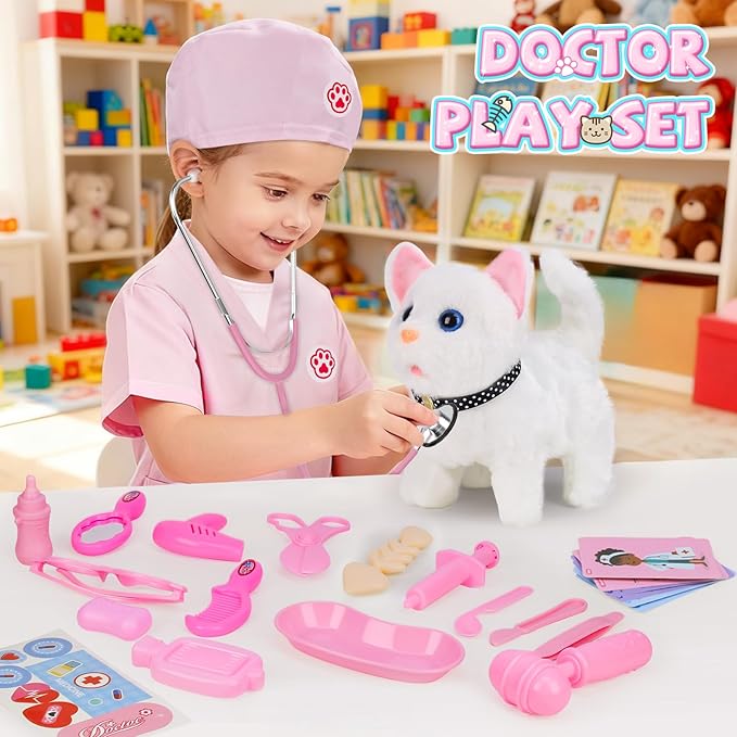 Doctor Kit for Girls, 27 Pcs Veterinarian Playset with Walking Cat Toy, Carrying Bag, Stethoscope & Dress Up Costume, Pretend Play Gift for Kids Toddlers Ages 3 4 5 6 Year Old