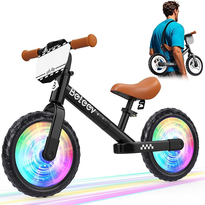 BELEEV C2 Toddler Balance Bike for 2-5 Year Olds with LED Light-Up Wheels, Adjustable Seat & Handlebar & Footrest, 12 inch No-Pedal Training Kids Push Bicycle - First Birthday Gift for Boys & Girls