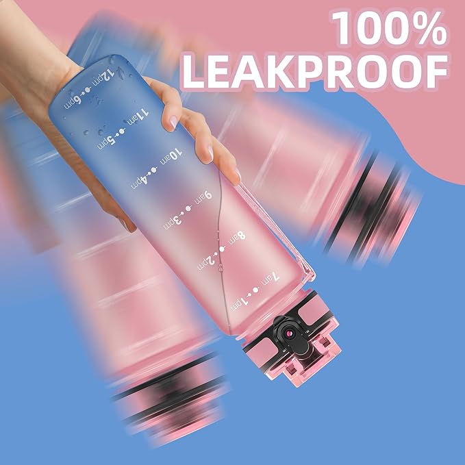 OLDLEY 32 oz Water Bottle, Motivational Water Bottle with Time Marker, Sports Water Bottle With Strap, Leakproof & BPA Free Large Water Bottles for School, Gym, Travel, Outdoor, Tritan,Pink&Blue