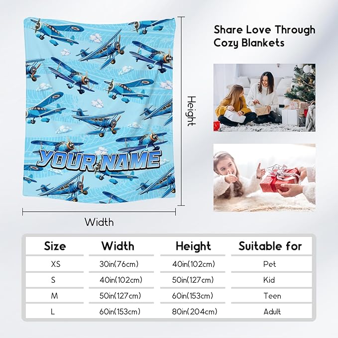 Personalized Blanket for Kids Airplane Gifts for Boys - Custom Soft Warm Fleece Throws with Name for Toddler (4 Sizes)