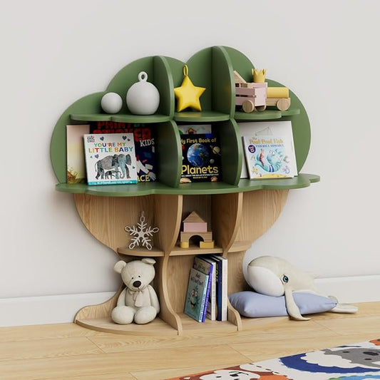 Green Tree Kids Bookshelf Toddler Bookcase 4-Tier Baby Book Rack Children Toy Storage Organizer Forest Wood Display Shelf for Nursery Playroom Bedroom Classroom School Homeschooling Boy Girl’s Gift