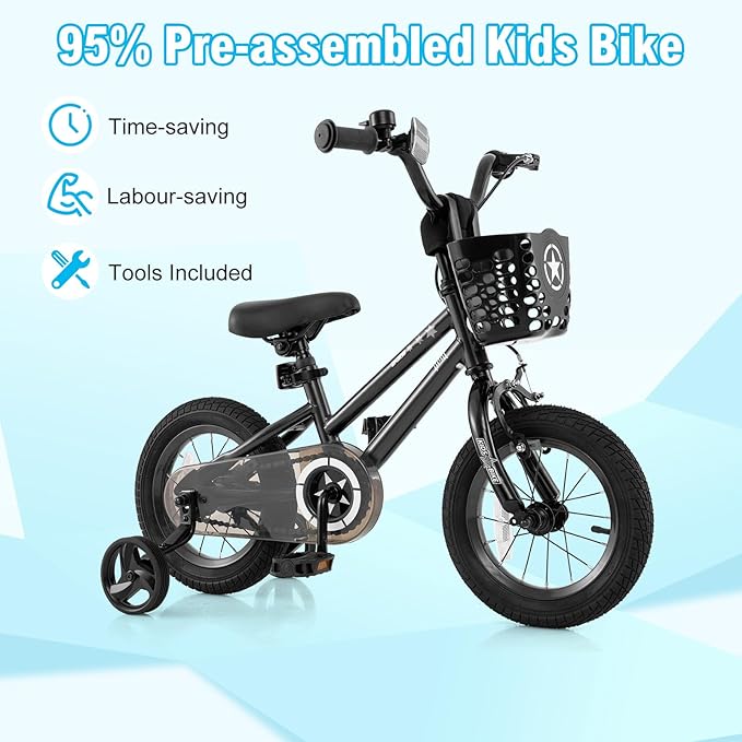 BABY JOY Starry Kids Bike, 12 14 16 18 Inch Bicycle with Training Wheels, Storage Basket, Adjustable Handlebar & Seat, Handbrake & Coaster Brake, Girls Boys Bike