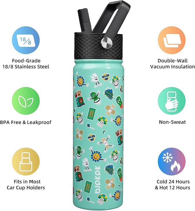 BJPKPK Insulated Water Bottle with Straw Lid, 22 oz Stainless Steel Metal Water Bottles, Reusable Leak Proof BPA Free Water Bottles, Cups, Thermo, Spring Party-Green