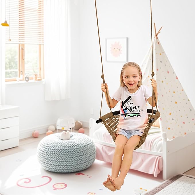 JKsmart 2 Pack Kids Swing Seat, Heavy Duty Rope Play Secure Children Swings Set, Toddler Swing Chair for Outdoor/Indoor/Playground/Home/Tree, with Snap Hooks and Straps,440 lbs Capacity, Brown